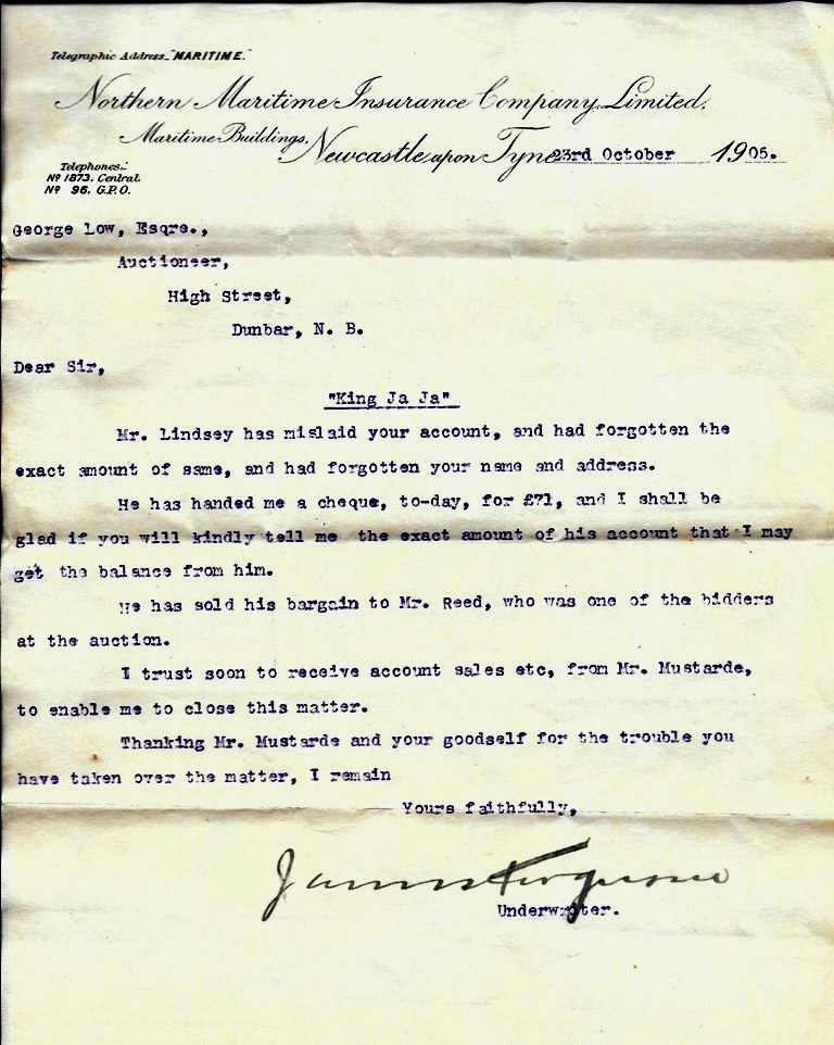 Correspondence relating to the auction of the King Ja Ja